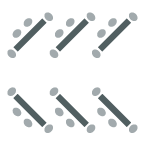 Six tables are arranged into two rows of three with each table slanted at angle. Each table has two chairs on one side of the table.