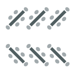 Six tables are arranged into two rows of three with each table slanted at angle. Each table has two chairs on each side of the table and one chair on each end of the table.