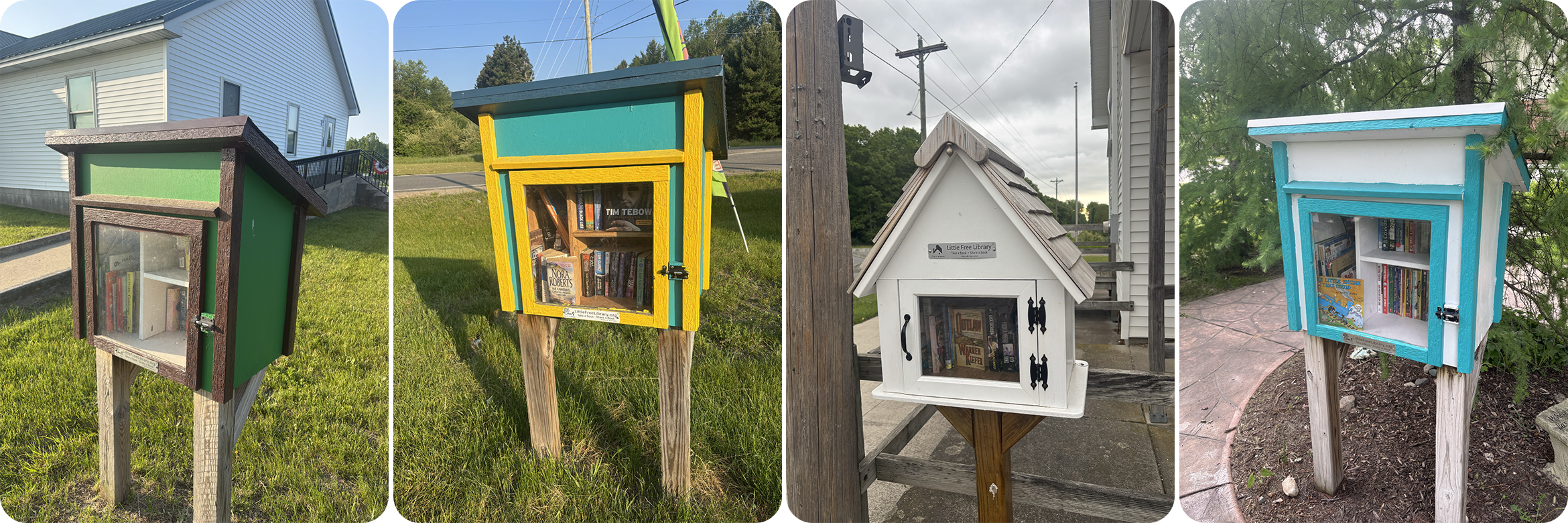 Collage of four Little Free Libraries