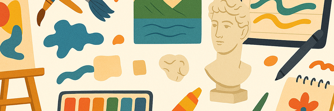 Art Exhibit header showing stylized graphics of paintings, a bust, and supplies