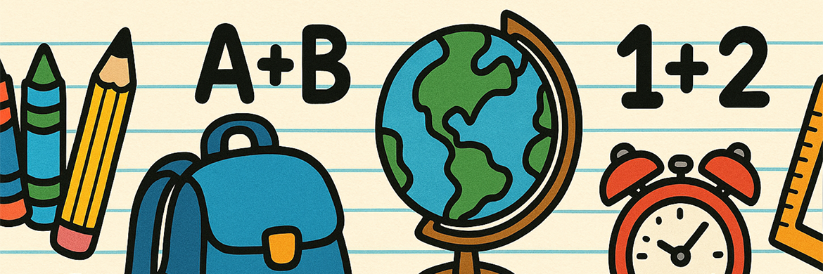 Graphic of different school supplies including pencils, backpack, globe, alarm clock, scissors, ruler, and apple