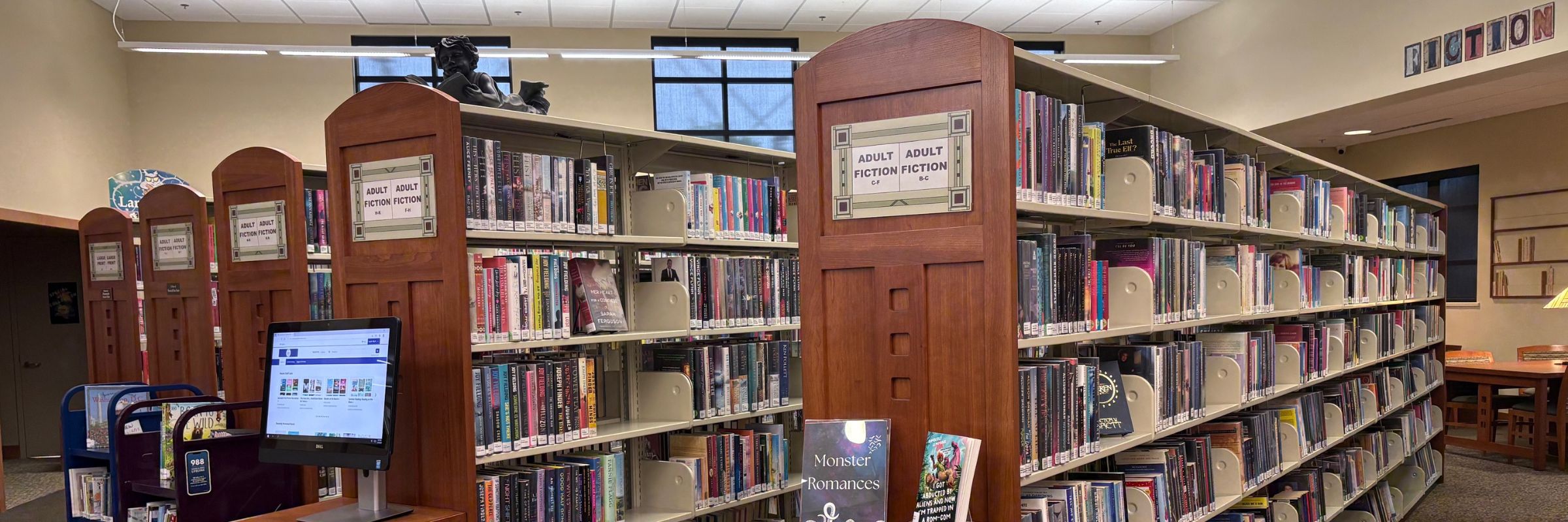 Angled view of library's fiction shelves