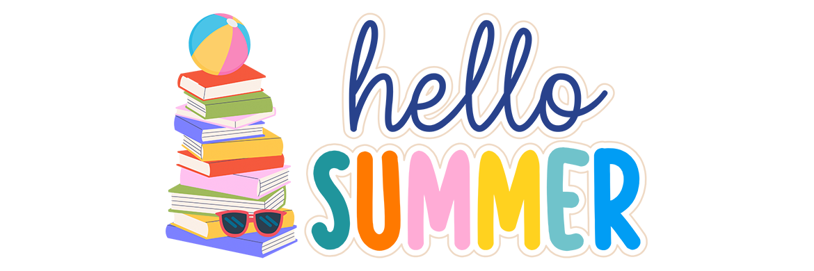 Hello Summer graphic with a stack of colorful books next to text
