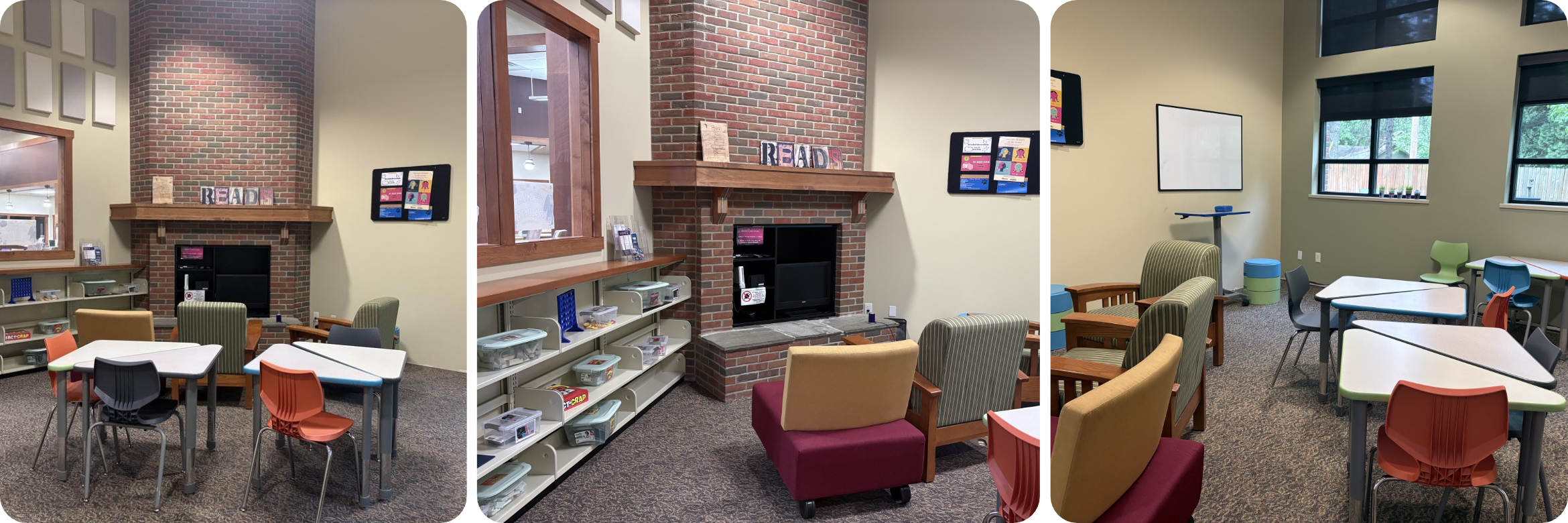 Collage of three different angles of the teen room showing desks, chairs, and fireplace