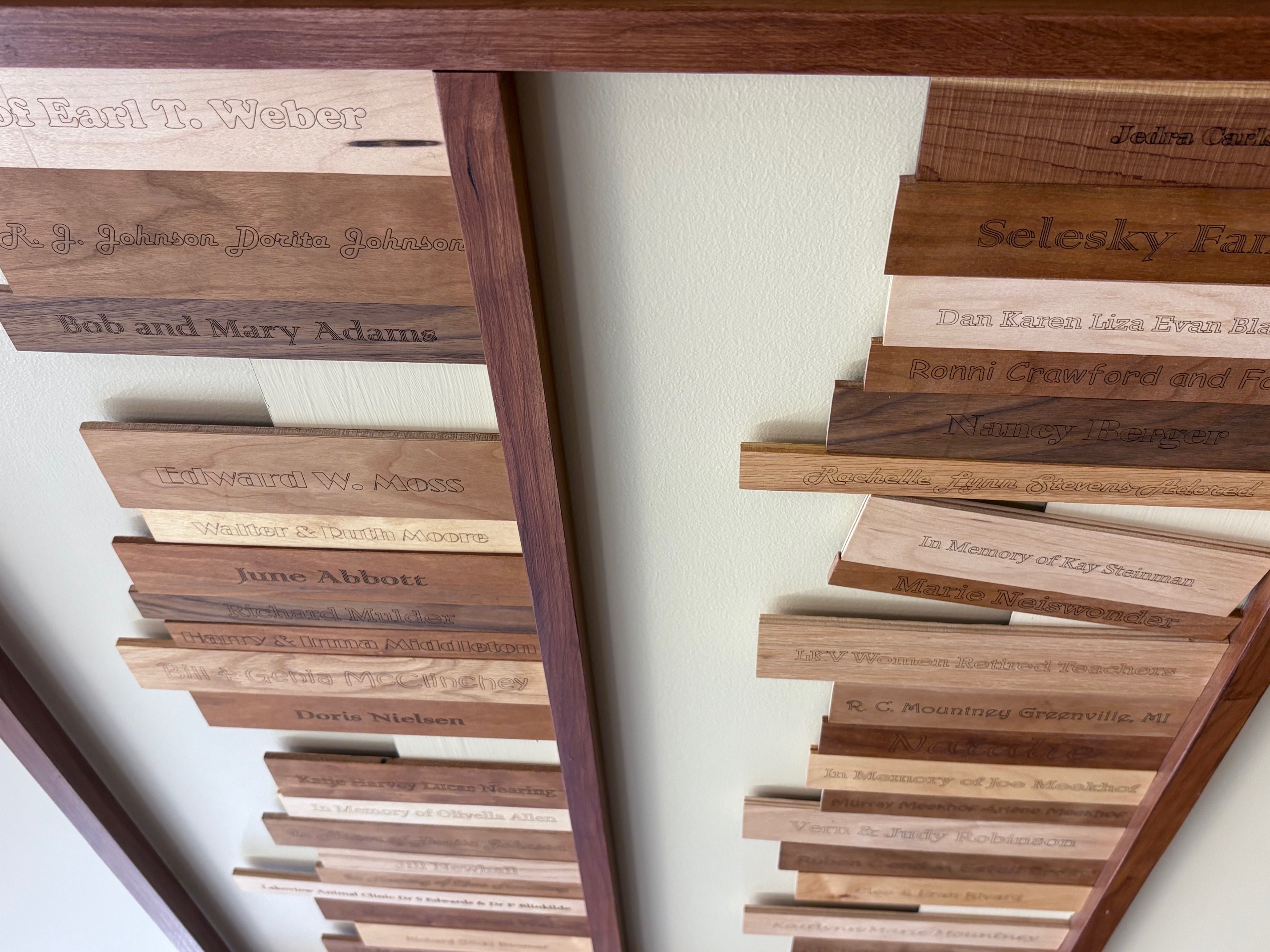 Wooden book case with engraved wooden book spines