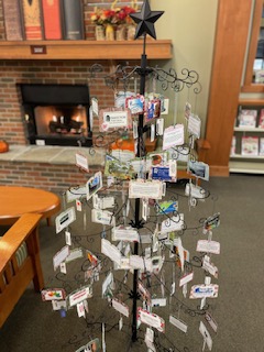 A Christmas Tree decorated with library cards
