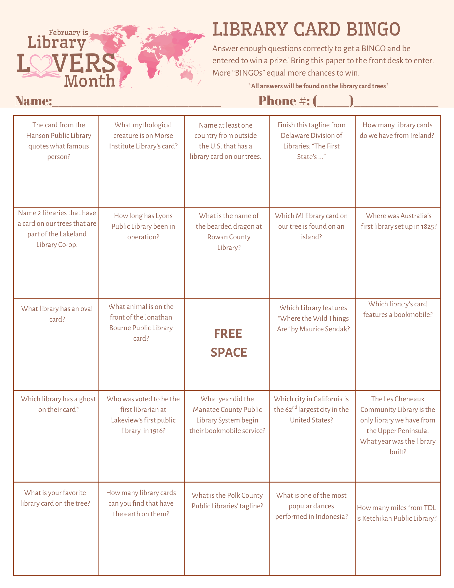 Library Card Bingo with questions