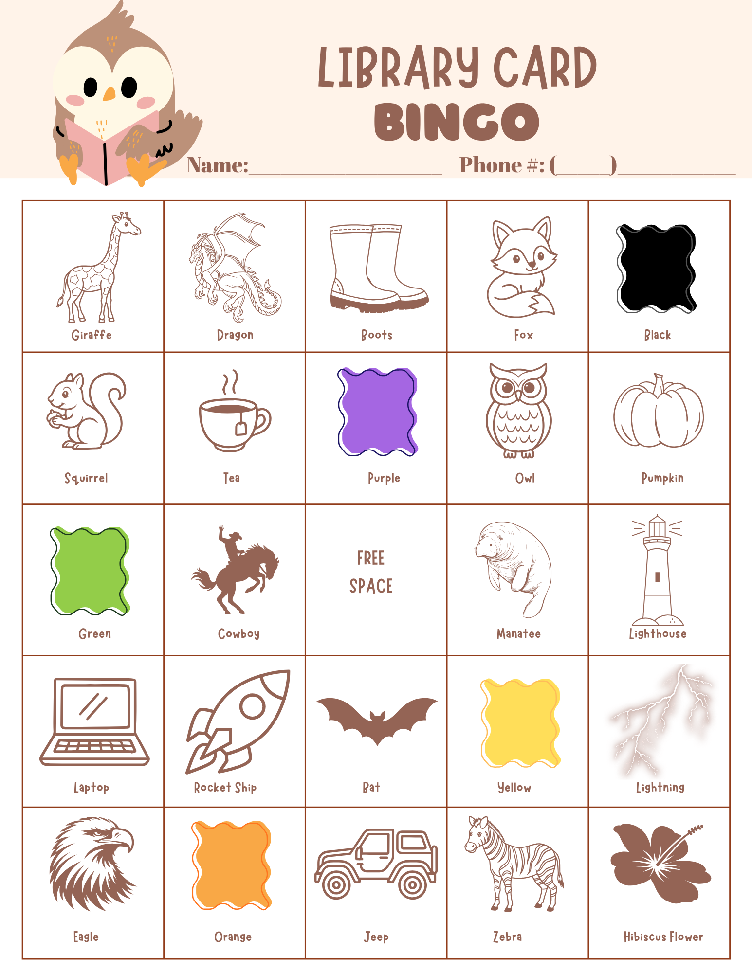 Library Card Bingo with owl and pictures