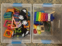 STEAM Kit totes full of small items at the library 