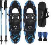 Blue and black snowshoes and snow poles and accessories
