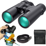 Binoculars with build flying in front of a phone. The strap and case are next to the bird.  