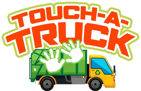 A dump truck with kids hands on it, with the words Touch a Truck over it. 