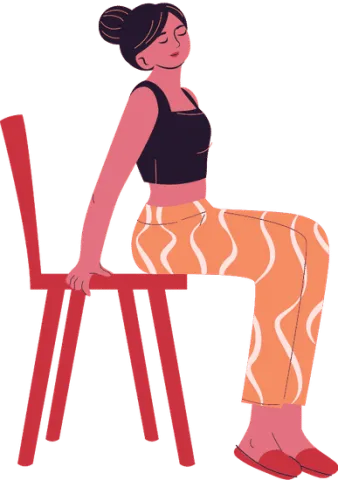 A women sitting on the edge of a chair stretching.