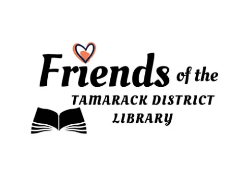 Graphic reading "Friends of the Tamarack District Library" with a heart of the I in Friends and an open book graphic