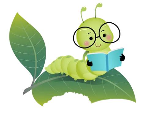 Graphic of a green worm with black glasses holding a blue book and lying on a green leaf