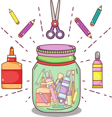 Glass jar holding craft supplies surrounded by glue, pencils, scissors, paint, and other craft supplies
