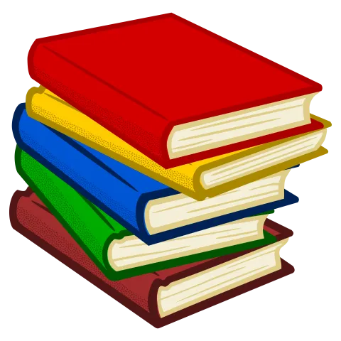A pile of books in the following colors red, yellow, blue, green and brown.