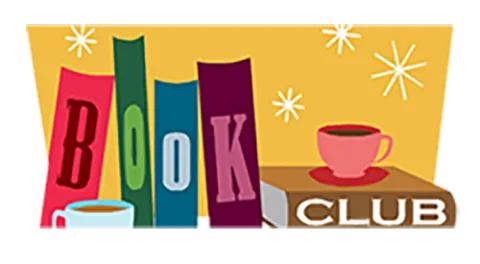 Graphic showing four books each with one letter spelling out "Book" and one book labeled "Club" and a coffee cup