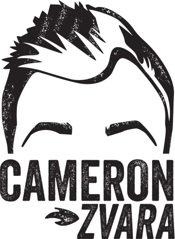 Black silhouette of comedic juggler and magician Cameron Zvara with his name on the bottom