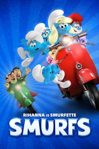 Smurfs movie cover with 5 smurfs on a vespa.