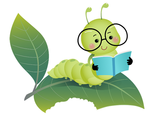 Graphic of a green worm with black glasses holding a blue book and lying on a green leaf