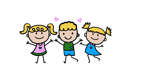 Graphic of three blonde children holding hands and smiling