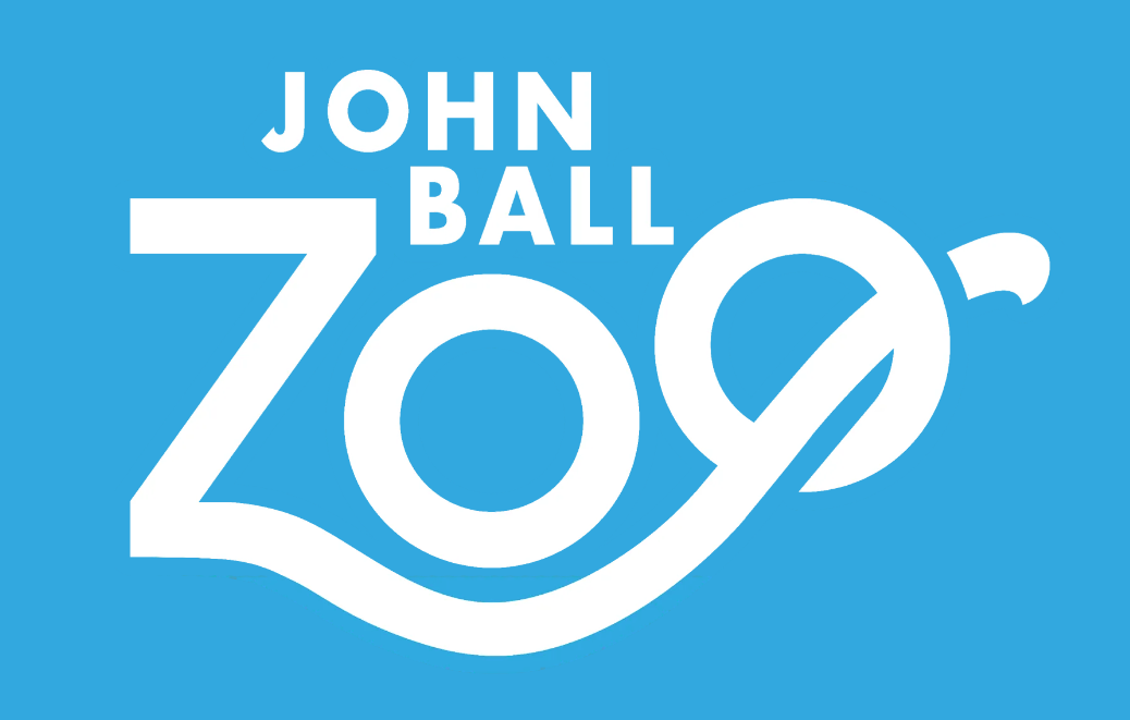 LOGO OF THE JOHN BALL ZOO WHITE ON BRIGHT BLUE BACKGROUND