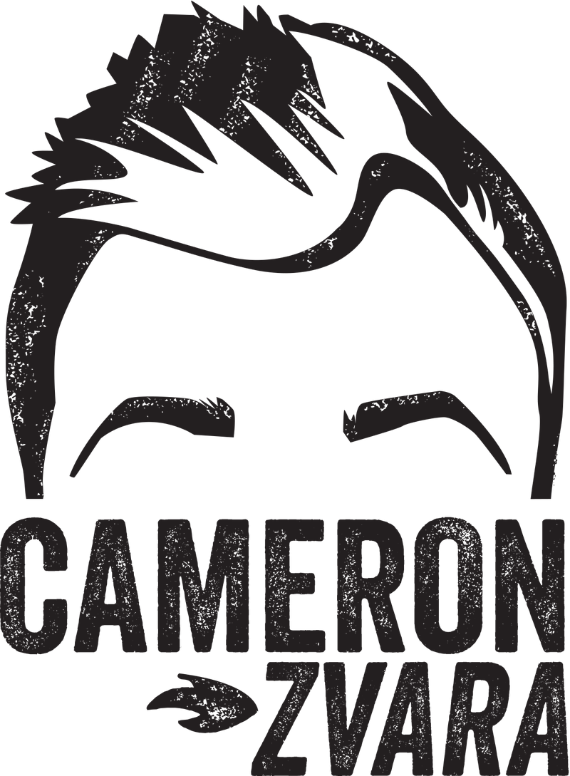 Black silhouette of comedic juggler and magician Cameron Zvara with his name on the bottom