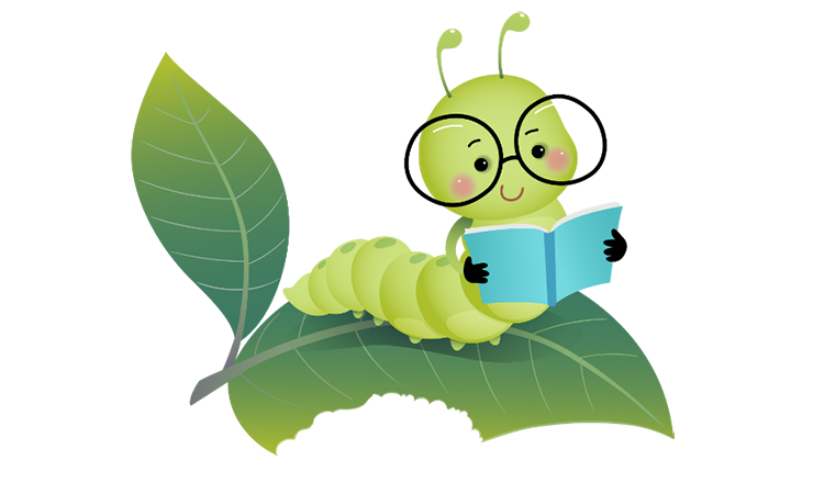 Graphic illustration of a green worm with glasses perched on a leaf with an open book