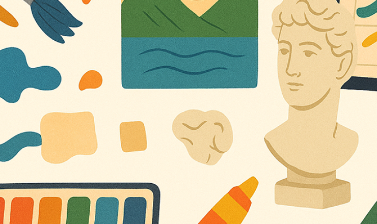 Art Exhibit header showing stylized graphics of paintings, a bust, and supplies
