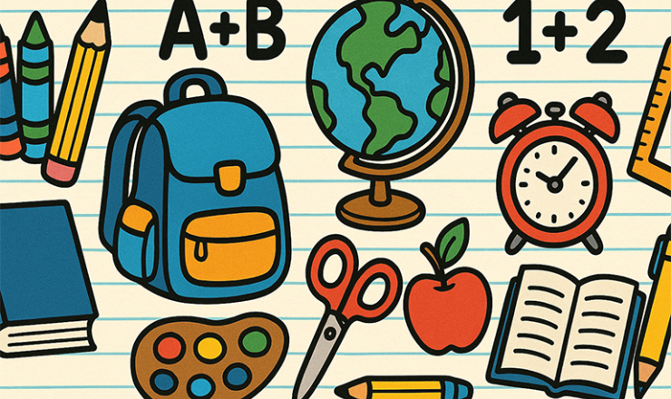 Graphic of different school supplies including pencils, backpack, globe, alarm clock, scissors, ruler, and apple
