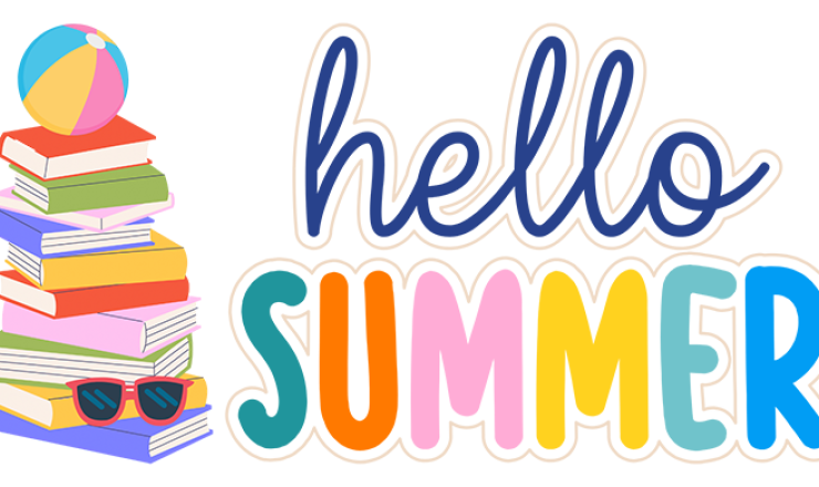 Hello Summer graphic with a stack of colorful books next to text