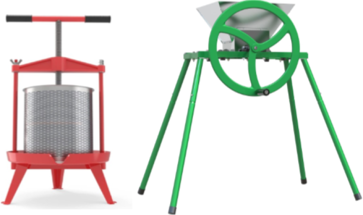 Red cider press and green fruit grinder