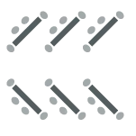 Six tables are arranged into two rows of three with each table slanted at angle. Each table has two chairs on one side of the table.