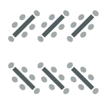Six tables are arranged into two rows of three with each table slanted at angle. Each table has two chairs on each side of the table and one chair on each end of the table.